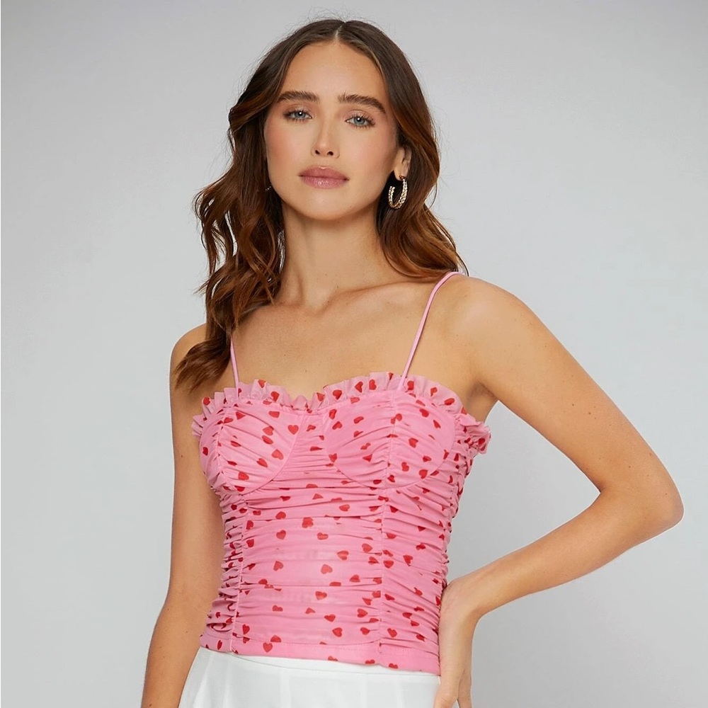 SHEIN pink cami ruched with red heart print spaghetti straps